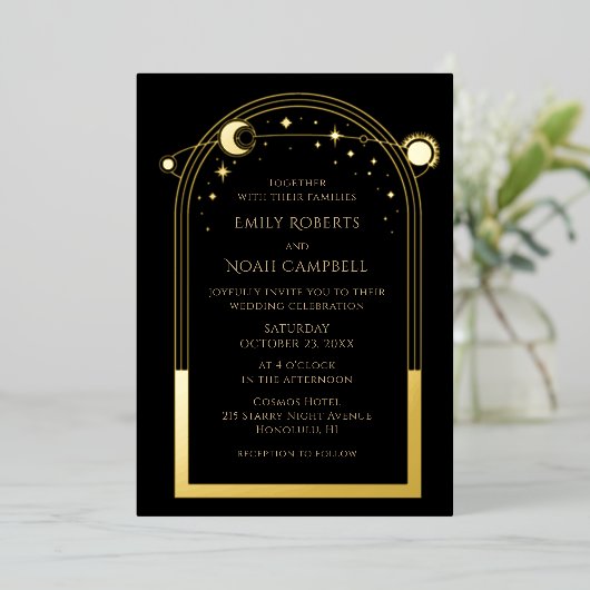 Mystical Black Gold Sun maan astronomische ruimte Folie Uitnodiging (Staand Voorkant)