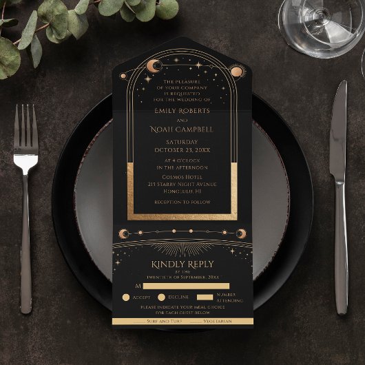 Mystical Black Gold Sun Moon Astronomy Weddenschap All In One Uitnodiging