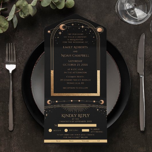 Mystical Black Gold Sun Moon Astronomy Weddenschap All In One Uitnodiging