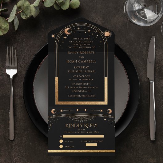 Mystical Black Gold Sun Moon Celestial Weddenschap All In One Uitnodiging