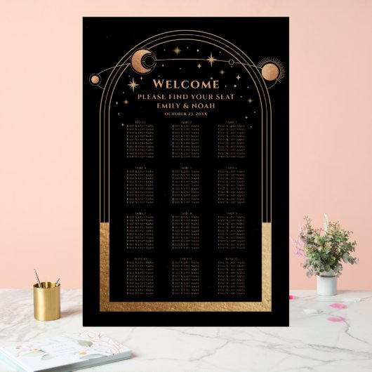 Mystical Black Gold Sun Moon Stars Weddenschap Acryl Bord (Huwelijk)