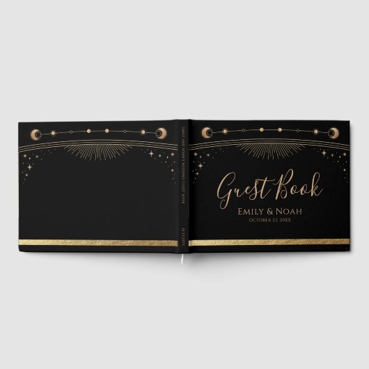 Mystical Black Gold Sun Moon Stars Weddenschap Gastenboek (Volledig)