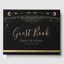 Mystical Black Gold Sun Moon Stars Weddenschap Gastenboek