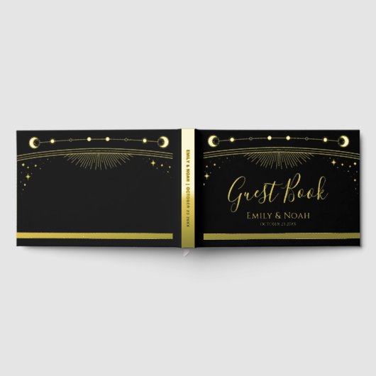 Mystical Black Gold Sun Moon Stars Weddenschap Gastenboek (Volledig)