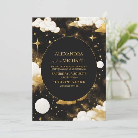 Mystical Black Gold Sun Moon Stars Weddenschap Kaart (Staand voorkant)
