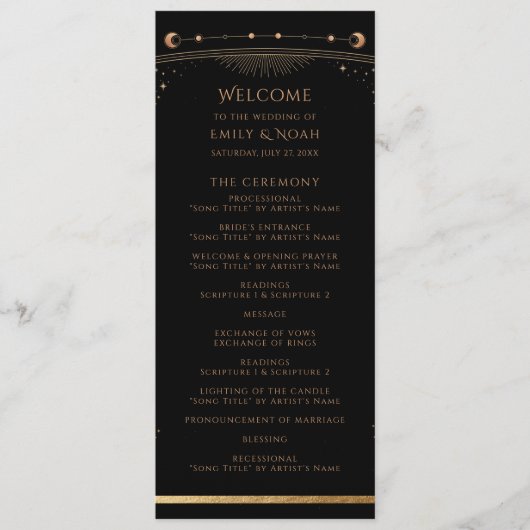 Mystical Black Gold Sun Moon Stars Weddenschap Programmakaart (Voorkant)