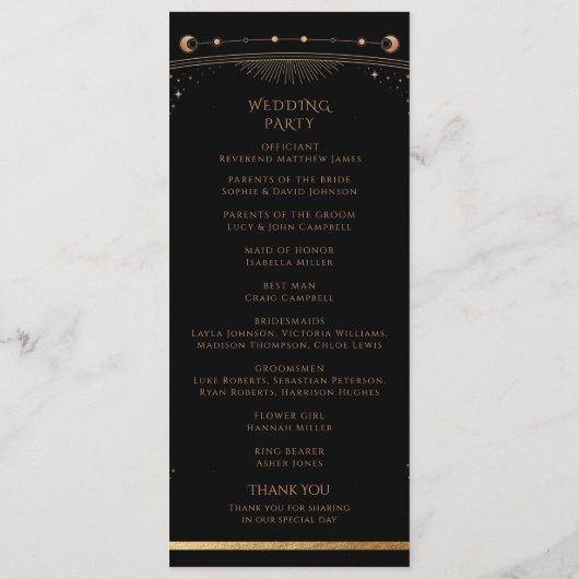 Mystical Black Gold Sun Moon Stars Weddenschap Programmakaart (Achterkant)