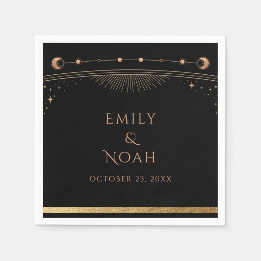 Mystical Black Gold Sun Moon Stars Weddenschap Servet (Voorkant)