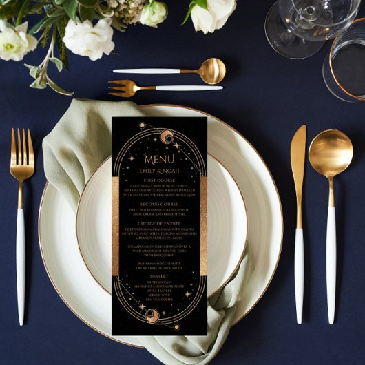 Mystical Black Gold Sun Moon Weddenmenu-kaarten Menu