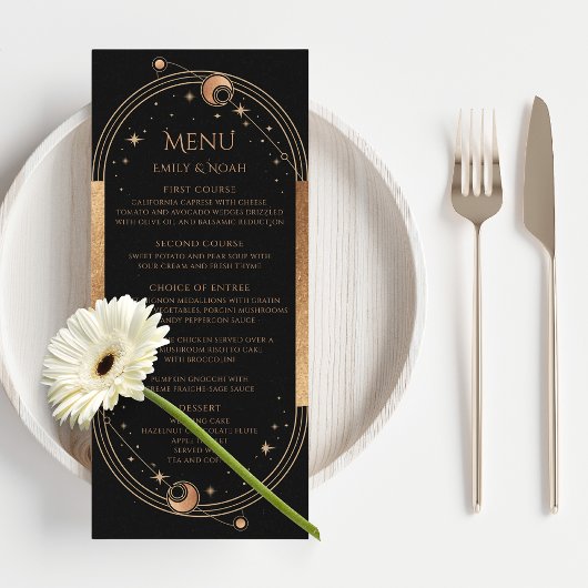 Mystical Black Gold Sun Moon Weddenmenu-kaarten Menu
