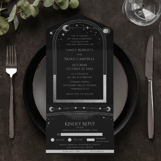 Mystical Black Silver Sun Moon Astronomy Weddensch All In One Uitnodiging