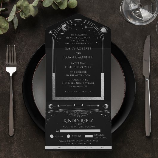 Mystical Black Silver Sun Moon Astronomy Weddensch All In One Uitnodiging