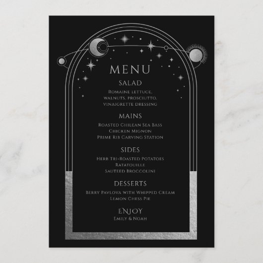 Mystical Black Silver Sun Moon Stars Weddenschap Menu (Voorkant)