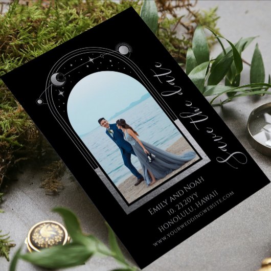 Mystical Black Silver Sun Moon Stars Weddenschap Save The Date