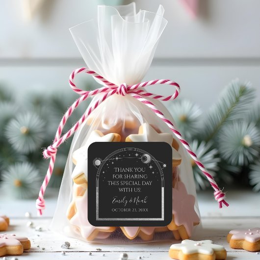 Mystical Black Silver Sun Moon Stars Weddenschap Vierkante Sticker