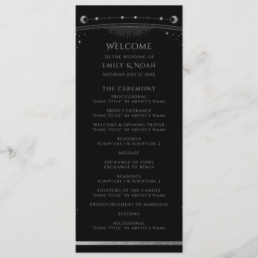 Mystical Black SIlver Sun Moon Stars Wedding Programmakaart (Voorkant)