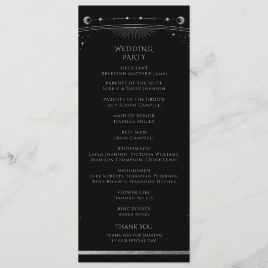 Mystical Black SIlver Sun Moon Stars Wedding Programmakaart (Achterkant)