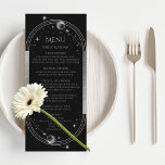 Mystical Black Silver Sun Moon Wedding Menu Cards<br><div class="desc">Mystical Black Silver Sun Moon Stars Wedding Menu Cards zijn voorzien van een zilveren zon, maan en sterren op een zwarte achtergrond met uw menudetails in het midden in het moderne zilveren kalligrafische script. Personaliseer door de tekst in de verstrekte tekstvakjes uit te geven. Ontworpen voor u door Evco Studio...</div>