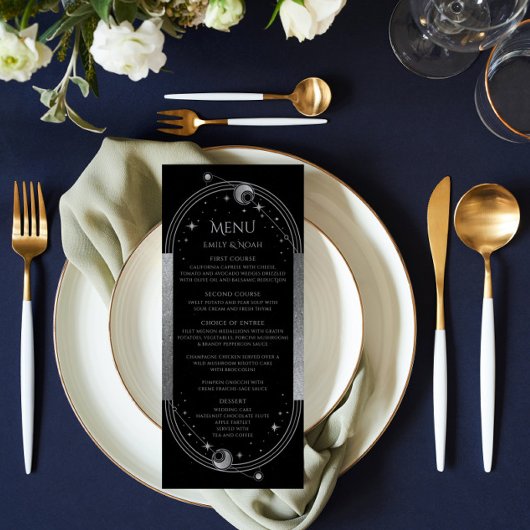 Mystical Black Silver Sun Moon Wedding Menu Cards