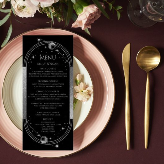 Mystical Black Silver Sun Moon Wedding Menu Cards