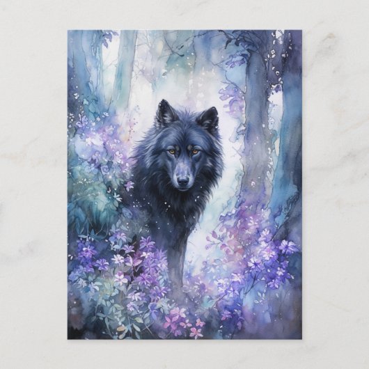 Mystical Black Wolf in Purple Watercolor Forest Briefkaart (Voorkant)