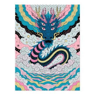 Mystical Blue Dragon in Clouds Foto Afdruk