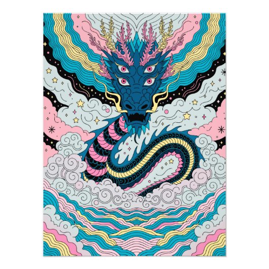 Mystical Blue Dragon in Clouds Foto Afdruk (Voorkant)
