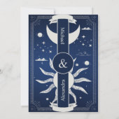 Mystical Blue en Silver Sun Moon Wedding Kaart (Achterkant)
