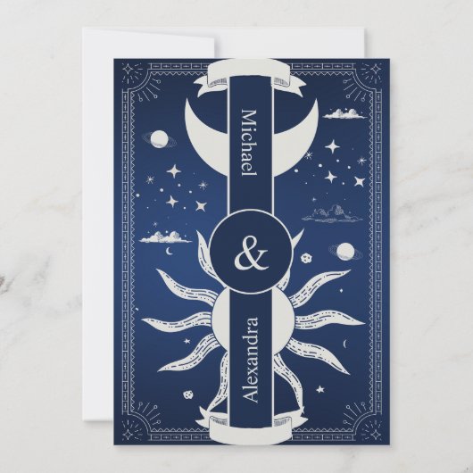 Mystical Blue en Silver Sun Moon Wedding Kaart (Achterkant)