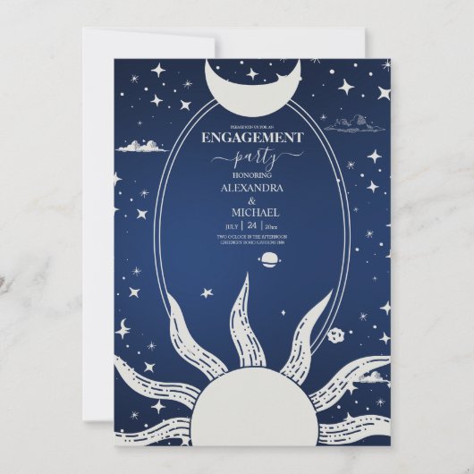 Mystical Blue en Silver Sun Moon Wedding Kaart (Voorkant)