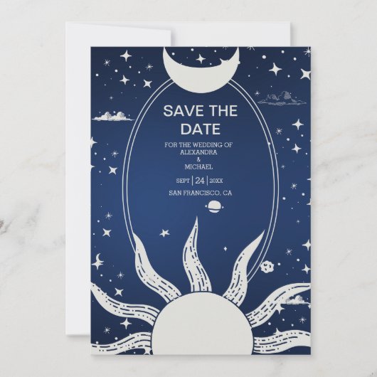 Mystical Blue en Silver Sun Moon Wedding Save The Date (Voorkant)