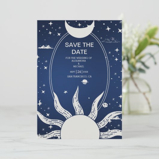 Mystical Blue en Silver Sun Moon Wedding Save The Date (Staand voorkant)