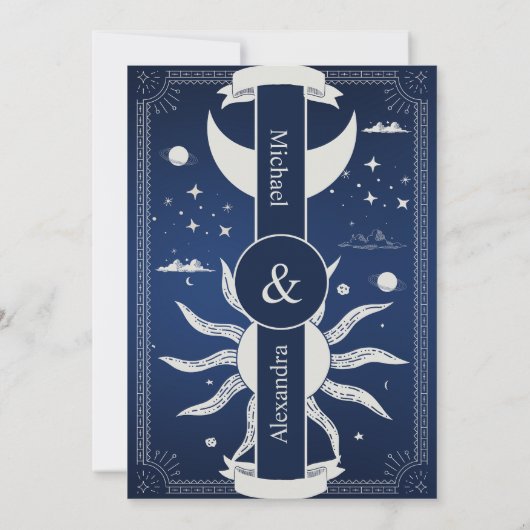 Mystical Blue en Silver Sun Moon Wedding Save The Date (Achterkant)