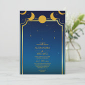 Mystical Blue Gold Celestial Stars Wedding Invit Kaart (Staand voorkant)