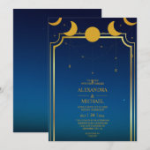 Mystical Blue Gold Celestial Stars Wedding Invit Kaart (Voorkant / Achterkant)