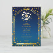 Mystical Blue Gold Celestial Stars Wedding Invita Kaart (Staand voorkant)