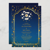 Mystical Blue Gold Celestial Stars Wedding Invita Kaart (Voorkant / Achterkant)