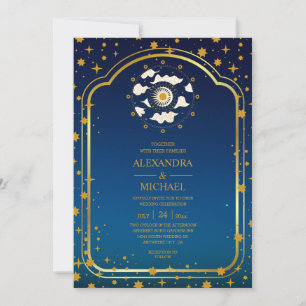 Mystical Blue Gold Celestial Stars Wedding Invita Kaart