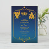 Mystical Blue Gold Celestial Stars Wedding Kaart (Staand voorkant)