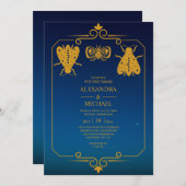 Mystical Blue Gold Celestial Stars Wedding Kaart (Voorkant / Achterkant)