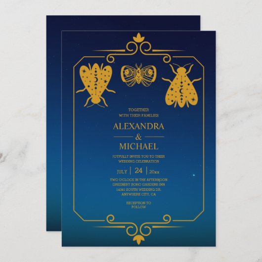 Mystical Blue Gold Celestial Stars Wedding Kaart (Voorkant / Achterkant)