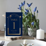 Mystical Blue Gold Sun Moon Astronomy Weddenschap Kaart<br><div class="desc">Mystical Blue Gold Sun Moon Astronomy Wedding Table Numbers zijn voorzien van gouden zon, maan en sterren met een gouden lijst op een zwarte achtergrond. Inside is je uitnodiging voor een aangepast huwelijk. Personaliseer door de tekst in de tekstvakjes uit te geven. NOTA: Gelieve te passen met lijstaantallen één voor...</div>