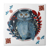 Mystical Blue Owl Red Leaves Folk Art Tegeltje (Voorkant)