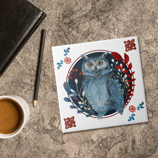 Mystical Blue Owl Red Leaves Folk Art Tegeltje