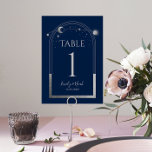 Mystical Blue Silver Sun Moon Astronomy Weddenscha Kaart<br><div class="desc">Mystical Blue Silver Sun Moon Astronomy Wedding Table Numbers zijn voorzien van gouden zon, maan en sterren met een zilveren lijst op een zwarte achtergrond. Inside is je uitnodiging voor een aangepast huwelijk. Personaliseer door de tekst in de tekstvakjes uit te geven. NOTA: Gelieve te passen met lijstaantallen één voor...</div>
