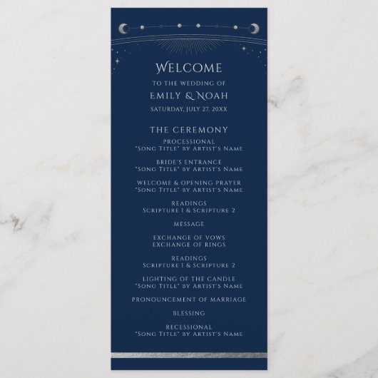 Mystical Blue Silver Sun Star Moon Space Weddensch Programmakaart (Voorkant)