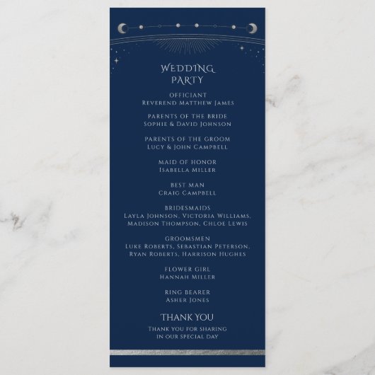 Mystical Blue Silver Sun Star Moon Space Weddensch Programmakaart (Achterkant)