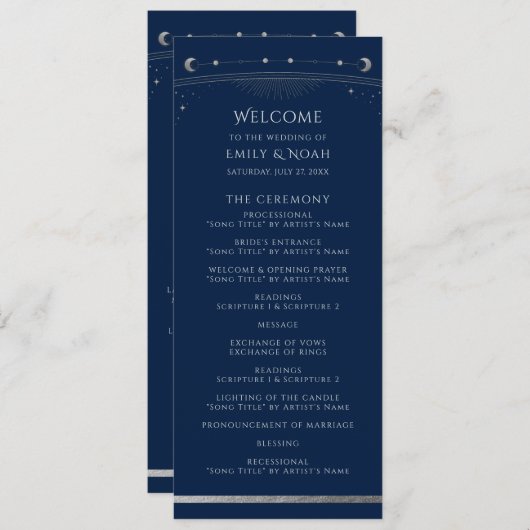 Mystical Blue Silver Sun Star Moon Space Weddensch Programmakaart (Voorkant / Achterkant)
