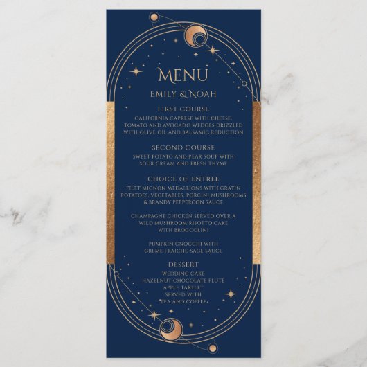 Mystical Blue Sun Moon Stars Space Weddenschap Menu (Voorkant)