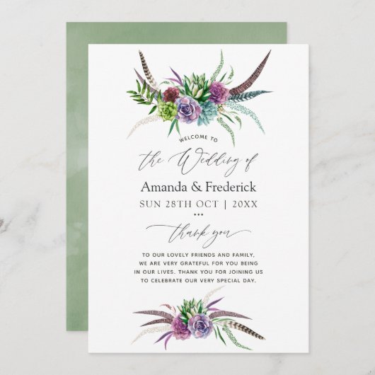 Mystical Boho Waterverf Succulent Wedding Programmakaart (Voorkant / Achterkant)